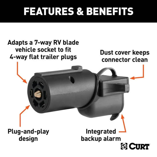 CURT Adapter with Backup Alarm (7-Way RV Blade Vehicle to 4-Way Flat Trailer)