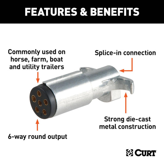 CURT 6-Way Round Connector Plug (Trailer Side, Diecast Metal)