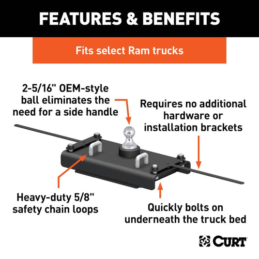 CURT PowerHaul OEM-Style Gooseneck Hitch (30K), Excluding 5th Wheel Prep Package - 2014-2018 Ram 2500