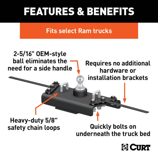 CURT PowerHaul OEM-Style Gooseneck Hitch (30K), Excluding Cab & Chassis; Excluding 5th Wheel Prep Package - 2013-2018 Ram 3500