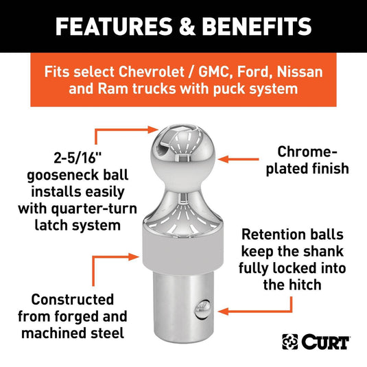 CURT OEM Puck System 2-5/16" Gooseneck Ball, Chevrolet, Ford, GMC, Nissan, Ram (38K)
