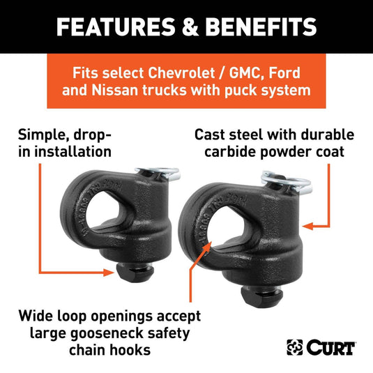 CURT OEM Puck System Gooseneck Safety Chain Anchors (38K), With 5th Wheel Prep Package - Select 2013-2027 Ford, 2016-2026 Chevrolet & GMC, 2016-2024 Nissan Models (see fitment table)