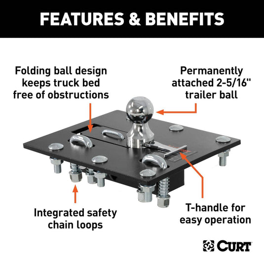 CURT Over-Bed Folding Ball Gooseneck Hitch (30K), Select Configurations - Select 1988-2019 Chevrolet & GMC, 1980-2015 Ford, 1994-2002 Dodge Models (see fitment table)