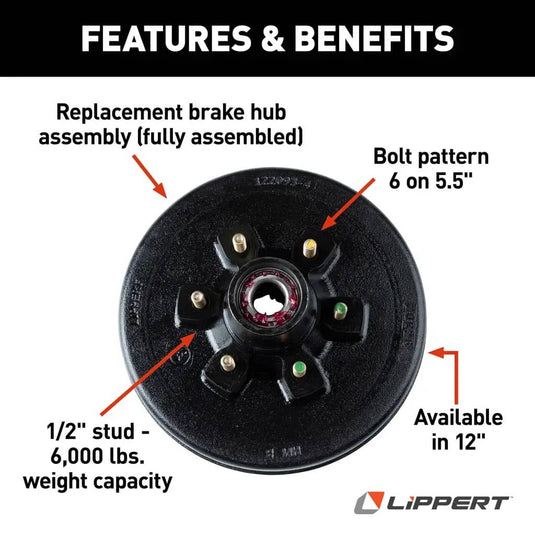 CURT 12" RV Brake Drum Hub for 6,000-lb Axle - 6 on 5.5", 1/2" Stud (Fully Assembled)