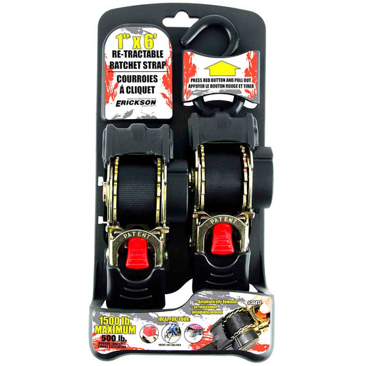 Erickson (2) 1"X6' 1500 Lb Re-tractable Ratchet Tie Downs Black - ERI-34413-FR - Absolute Autoguard