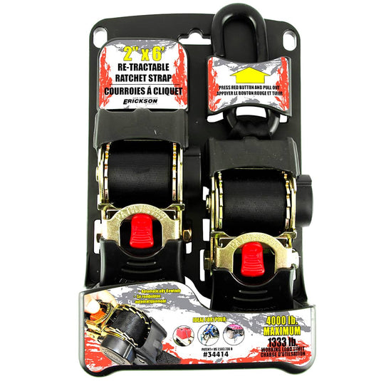 Erickson (2) 2"X6' 4000 Lb Re-tractable Ratchet Tie Downs Black - ERI-34414-FR - Absolute Autoguard