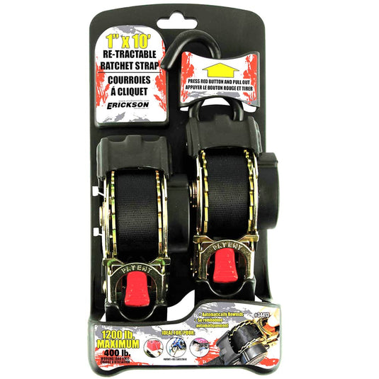 Erickson (2) 1"X10' 1200 Lb Re-tractable Ratchet Tie Downs Black - ERI-34415-FR - Absolute Autoguard