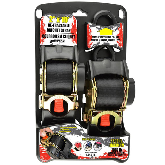 Erickson <P>(2) 2"X10' 3300 Lb Re-tractable Ratchet Tie Downs Black</P> - ERI-34416-FR - Absolute Autoguard