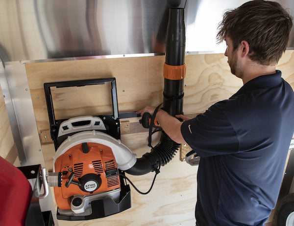Load image into Gallery viewer, Adjustable Backpack Blower Rack for Open and Enclosed Landscape Trailers

