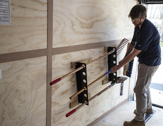 Horizontal Hand Tool Rack for Enclosed Landscape Trailers
