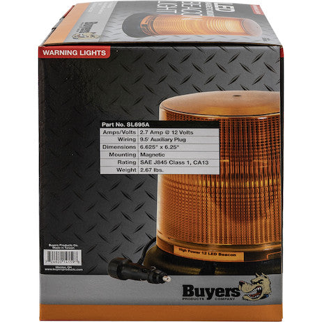 6.5 Inch by 6.5 Inch Amber LED Beacon Light With Tall Lens (Magnetic Mount with 10 Foot Auxiliary Power Cord)