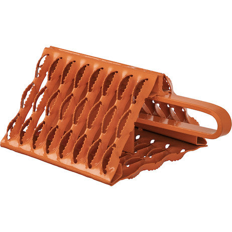 Load image into Gallery viewer, Orange Powder Coated Galvanized Serrated Wheel Chock with Handle 9x10x6 Inch

