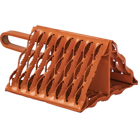 Load image into Gallery viewer, Orange Powder Coated Galvanized Serrated Wheel Chock with Handle 9x10x6 Inch
