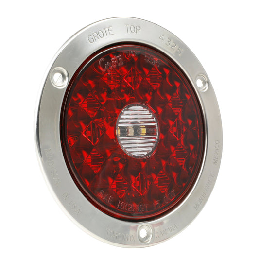 STT Lamp, 4", Red, LED, Round, W/Integrated Back-Up, Amp Connector, W/Ss Flange - 55202 - Grote